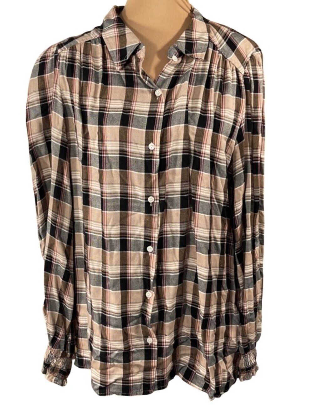 Max Studio Plaid Shirt Top Brown Black Puff Smocked Cuff Size XL (READ)